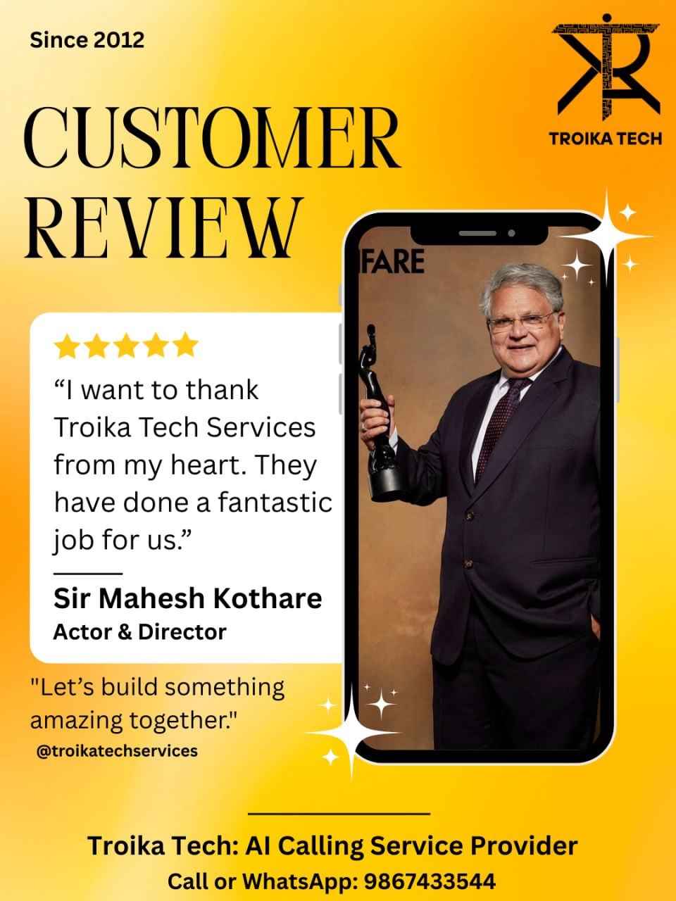 Customer review: Mavenark Wealth Private Limited - great experience with Troika Tech AI Calling, exceptional support throughout, entire process smooth and stress free